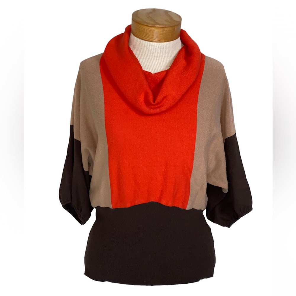 Sharagano Short Sleeve, Cowl Neck, Color Block Sweater PL